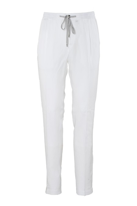 Shop PT01  Trousers: PT01 linen blend trousers.
Elasticated waist with drawstring.
American side pockets.
Back pockets with zip.
Composition: 61% lyocell, 22% linen, 17% cotton.
Made in Romania.. COTTCNZA0CL1 PU31-Y010